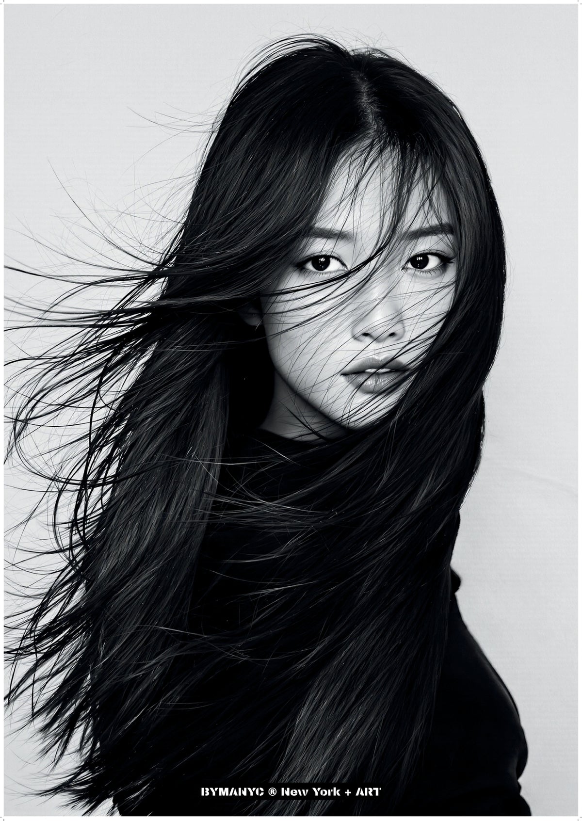 POSTER of ART AVANT-GARDE - THE MONOCHROME BREEZE - Limited Edition High-Fashion Portrait with Voluminous Flowing Hair and Dynamic Motion - BYMANYC ® New York + ART