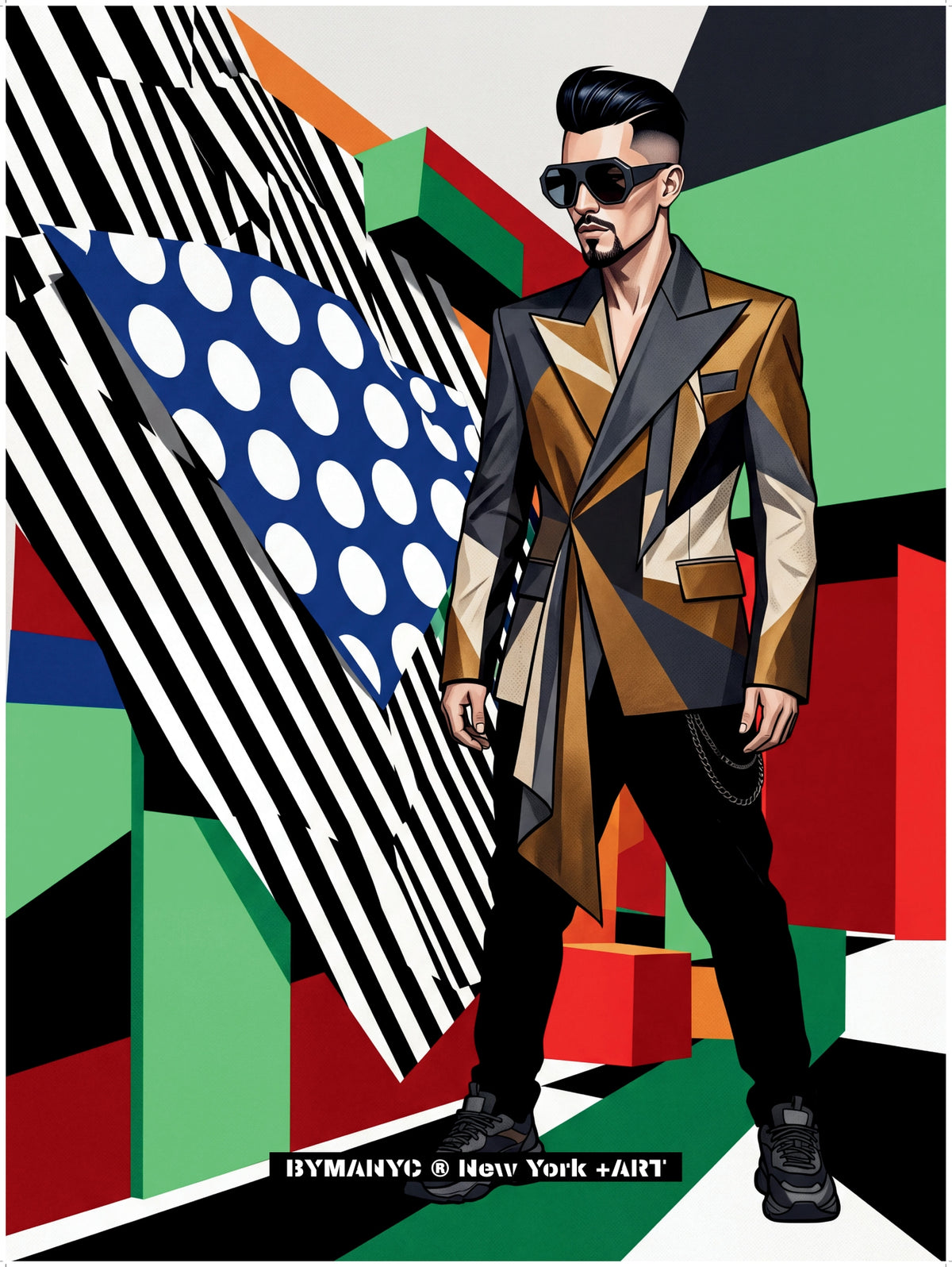POSTER of POP ART - THE BRONZE DRAPE - Bronze and Black Draped Suit with Geometric Backdrop - BYMANYC ® New York ART