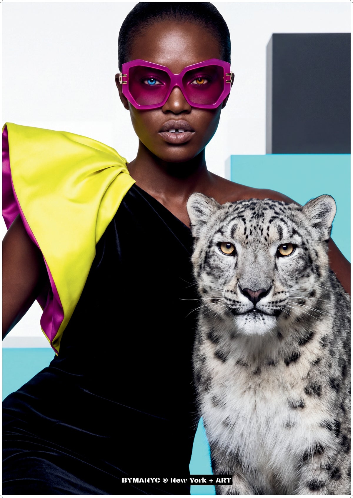 POSTER of ART AVANT-GARDE - THE SNOW FELINE - Limited Edition High-Fashion Portrait with Magenta Eyewear and Snow Leopard - BYMANYC ® New York + ART