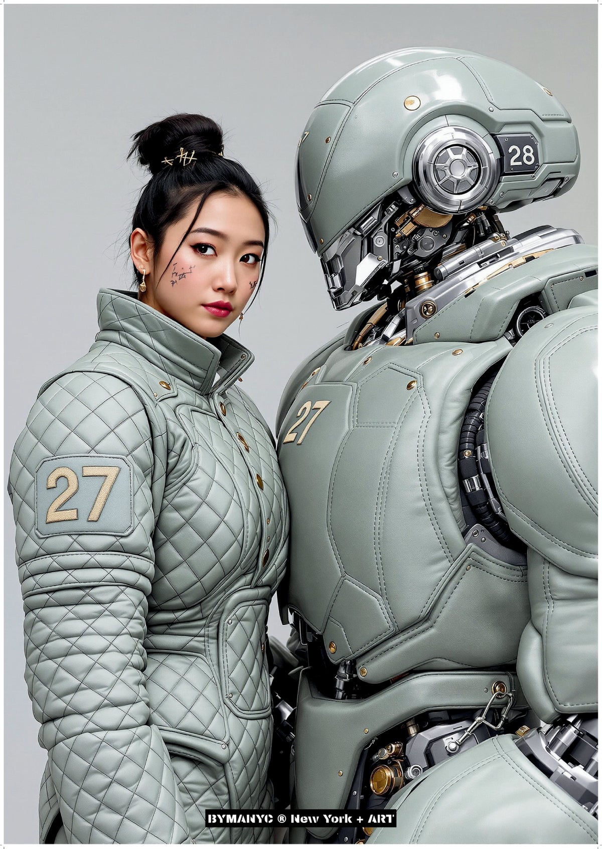 POSTER of ART AVANT-GARDE - THE CYBERNATIC DUET - Limited Edition High-Fashion Portrait with Quilted Sage Green Suit and Matching Mecha Android - BYMANYC ® New York + ART