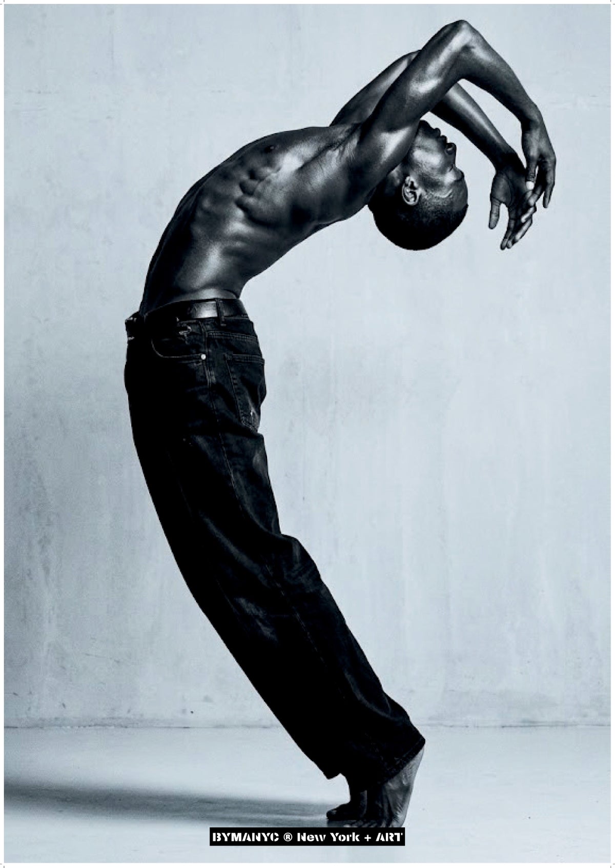 POSTER of ART AVANT-GARDE - THE ARCHED FORM - Monochrome Backbend and Dark Denim Portrait - BYMANYC ® New York + ART