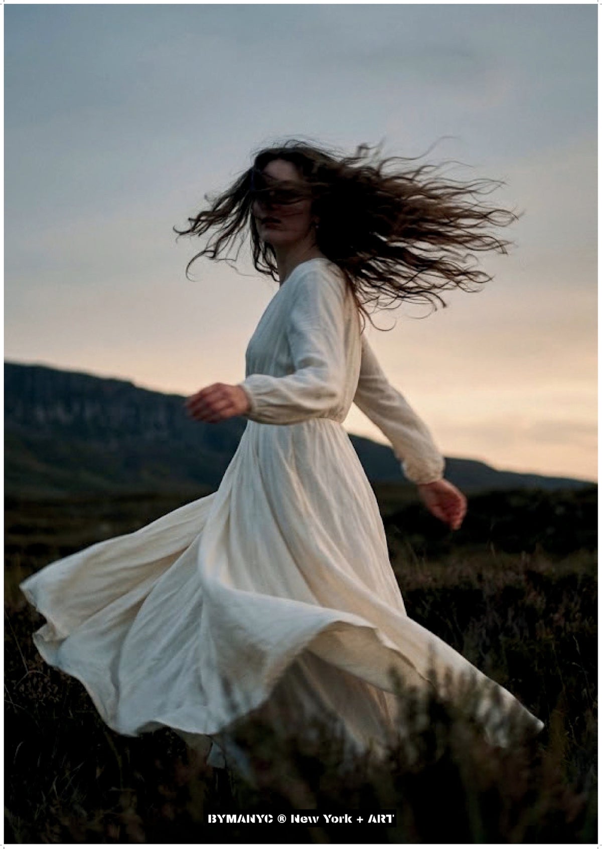 POSTER of ART AVANT-GARDE - THE DUSK DANCER - Flowing Cream Dress in Landscape Portrait - BYMANYC ® New York + ART
