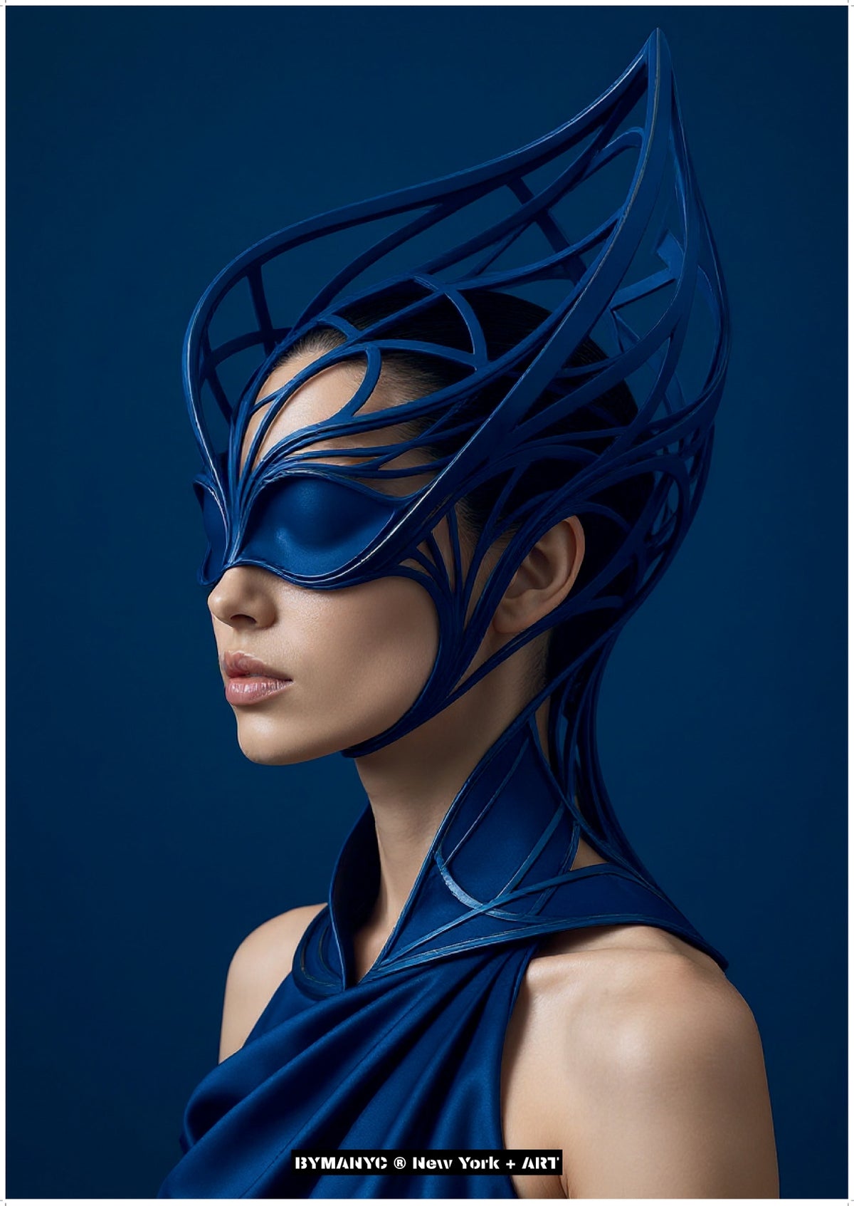 POSTER of ART AVANT-GARDE - THE SAPPHIRE CROWN - Limited Edition High-Fashion Portrait with Architectural Filigree Mask and Cobalt Silk Draping - BYMANYC ® New York + ART