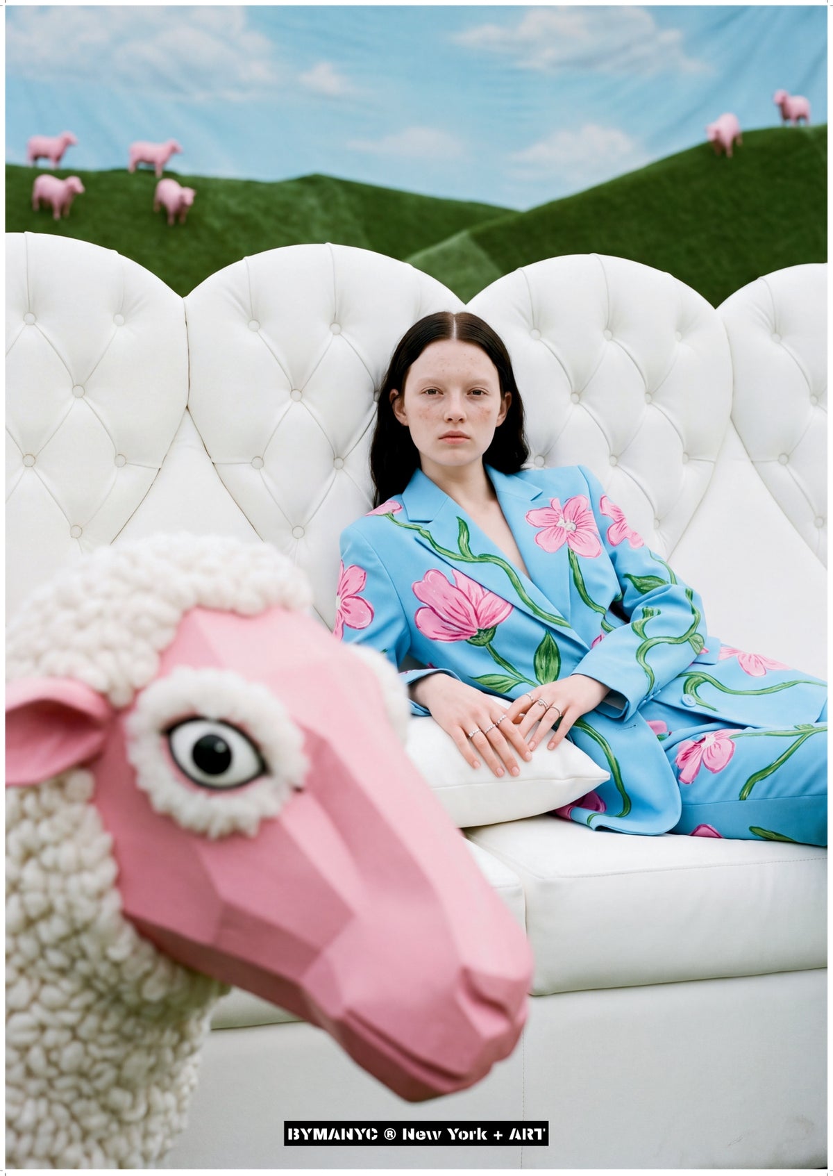 POSTER of ART VANGUARD - SURREAL PASTURE - Surreal High-Fashion Editorial with Pink Sheep and Dreamlike Landscape - BYMANYC ® New York + ART
