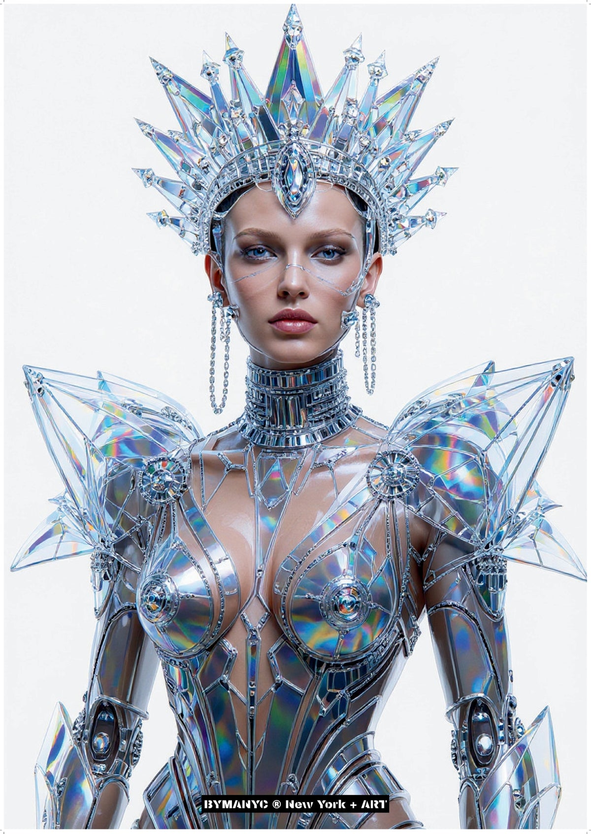 POSTER of ART AVANT-GARDE - THE PRISM QUEEN - Holographic Armor and Crystal Crown Portrait - BYMANYC ® New York + ART