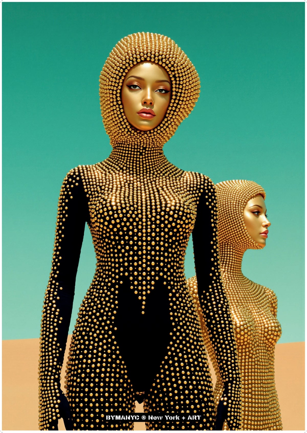 POSTER of ART AVANT-GARDE - THE GOLDEN CONSTELLATION - Limited Edition High-Fashion Bodysuit Portrait with Metallic Beads and Vibrant Turquoise Backdrop - BYMANYC ® New York + ART