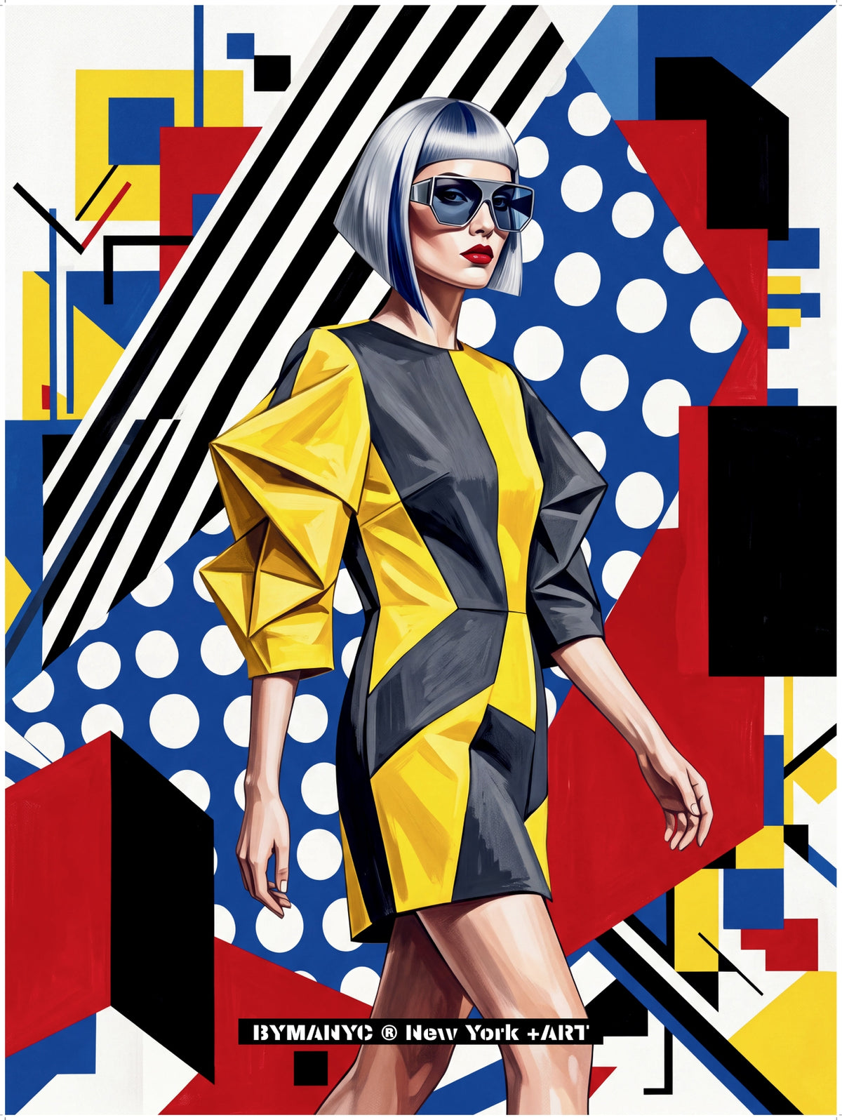 POSTER of POP ART - THE ABSTRACT PRISM - Mustard and Charcoal Architectural Dress - BYMANYC ® New York + ART