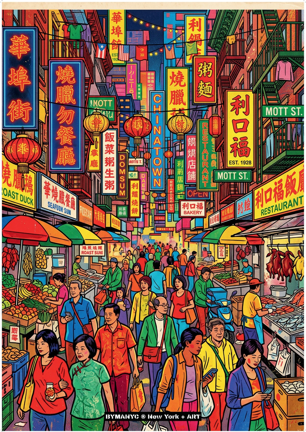 POSTER of ART NYC - CHINATOWN - Mott Street Market and Culinary Heritage BYMANYC ® New York + ART Limited Edition