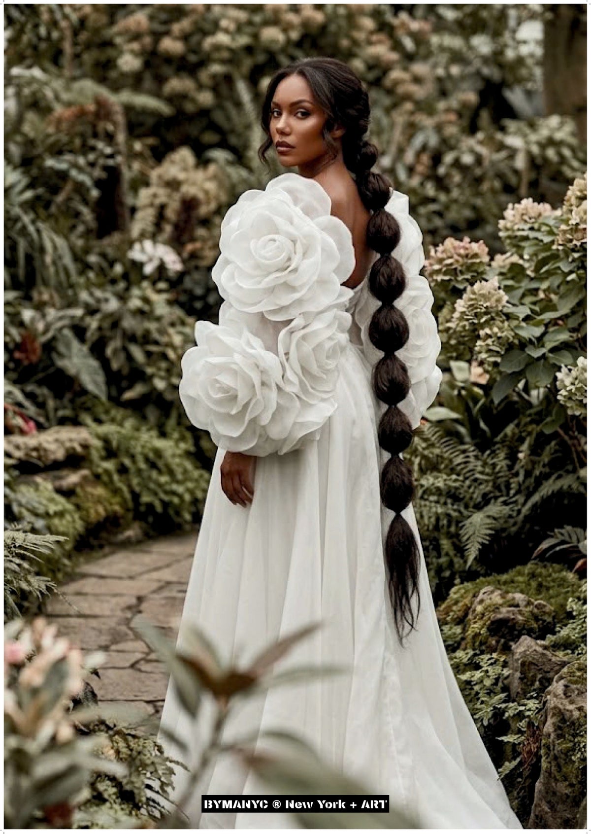 POSTER of ART AVANT-GARDE - THE BOTANICAL BRIDE - White Rose Sleeves and Bubble Braid Garden Portrait - BYMANYC ® New York + ART