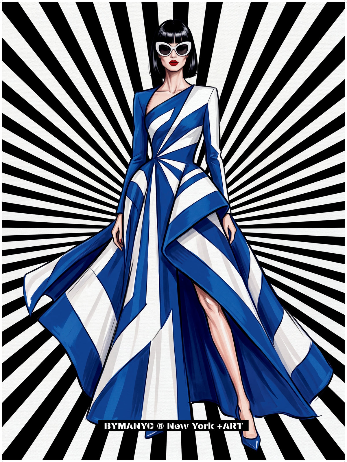 POSTER of POP ART - THE RADIAL BLUE - Blue and White Geometric Gown - BYMANYC ® New York ART