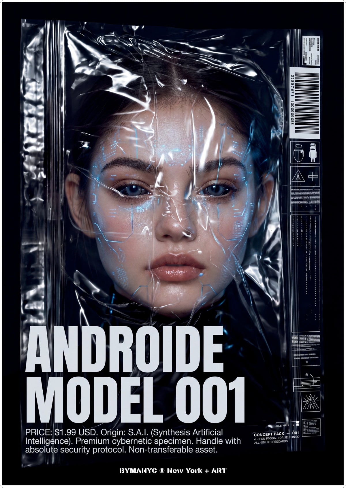 POSTER of ART CYBERNETIC - THE SYNTHETIC PROTOTYPE - Limited Edition Plastic-Wrapped Artificial Intelligence Specimen Artwork - BYMANYC ® New York + ART