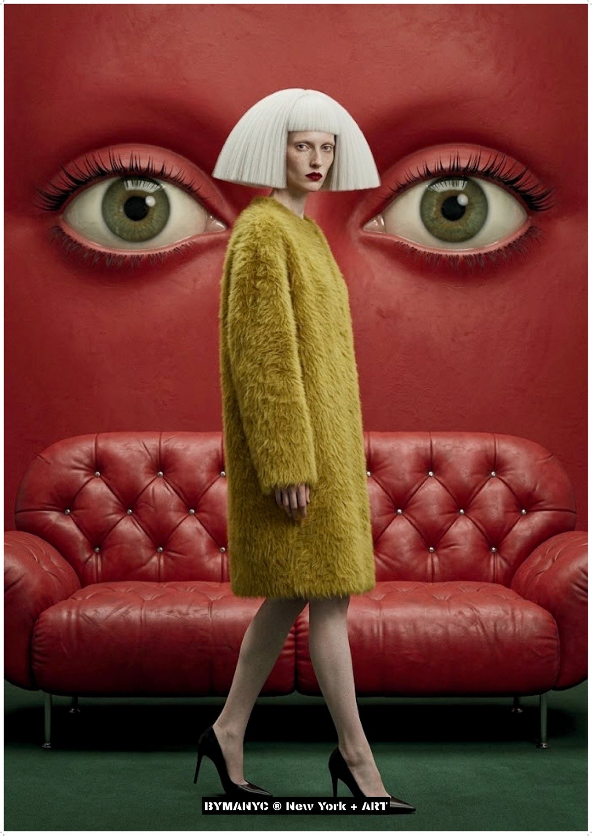 POSTER of ART AVANT-GARDE - THE SURREAL GAZE - Yellow Fuzzy Coat and Giant Red Eyes Background Portrait - BYMANYC ® New York + ART