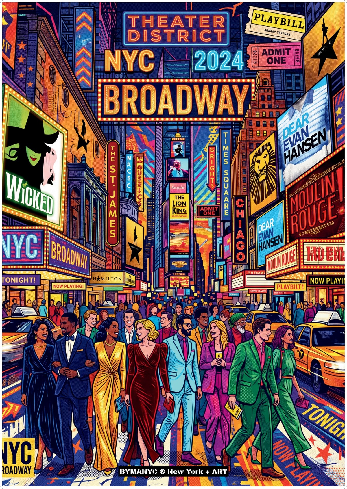 POSTER of ART NYC - THEATER DISTRICT - Broadway Shows and Times Square Lights BYMANYC ® New York + ART Limited Edition