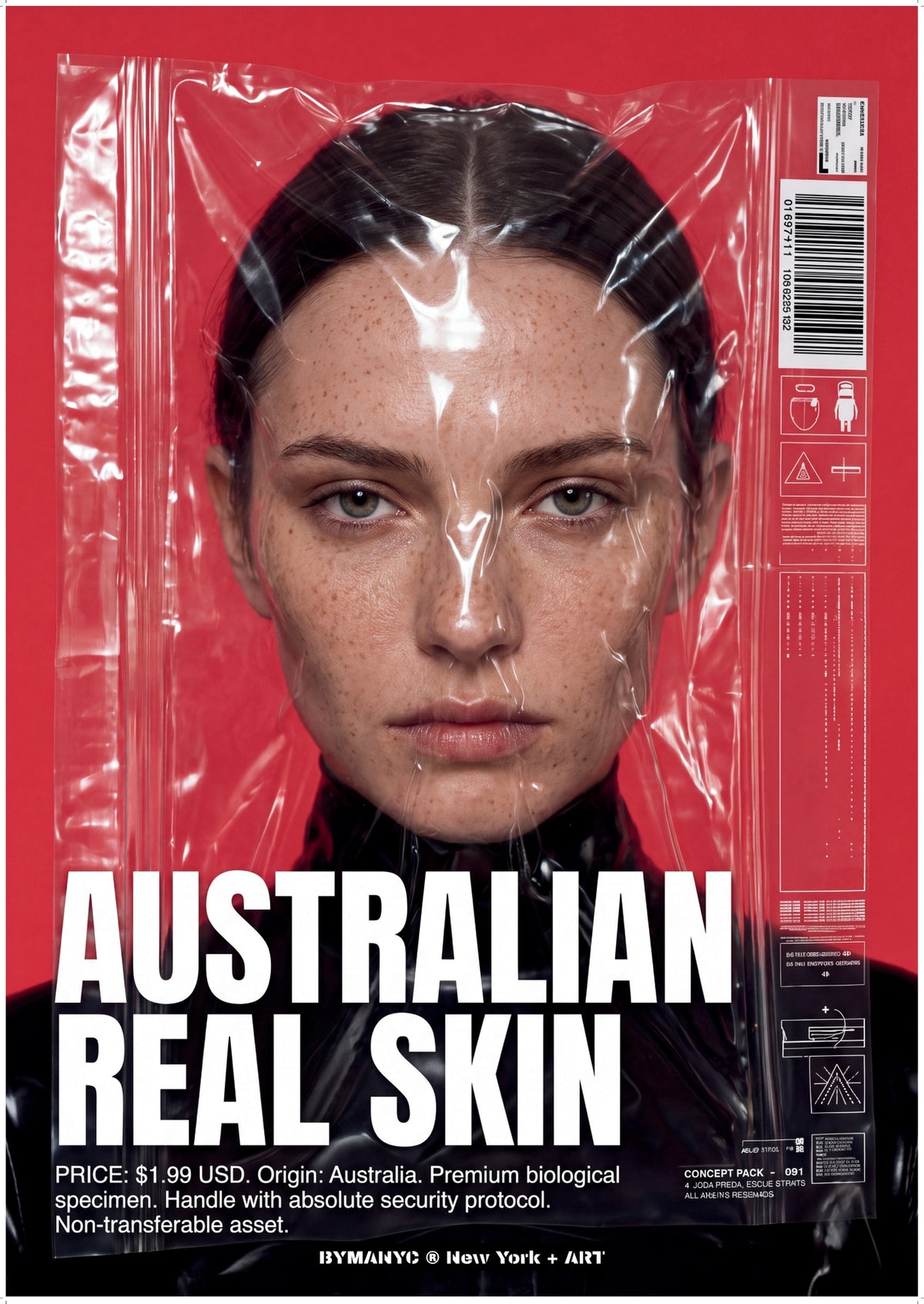 POSTER of ART CONCEPTUAL - THE AUSTRALIAN SPECIMEN - Limited Edition Plastic-Wrapped Human Commodity Artwork - BYMANYC ® New York + ART