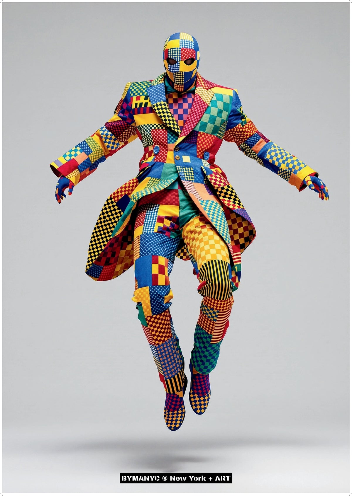 POSTER of ART AVANT-GARDE - THE HARLEQUIN DESCENT - Limited Edition High-Fashion Portrait with Full-Body Geometric Patchwork Suit and Mask in Levitating Pose - BYMANYC ® New York + ART