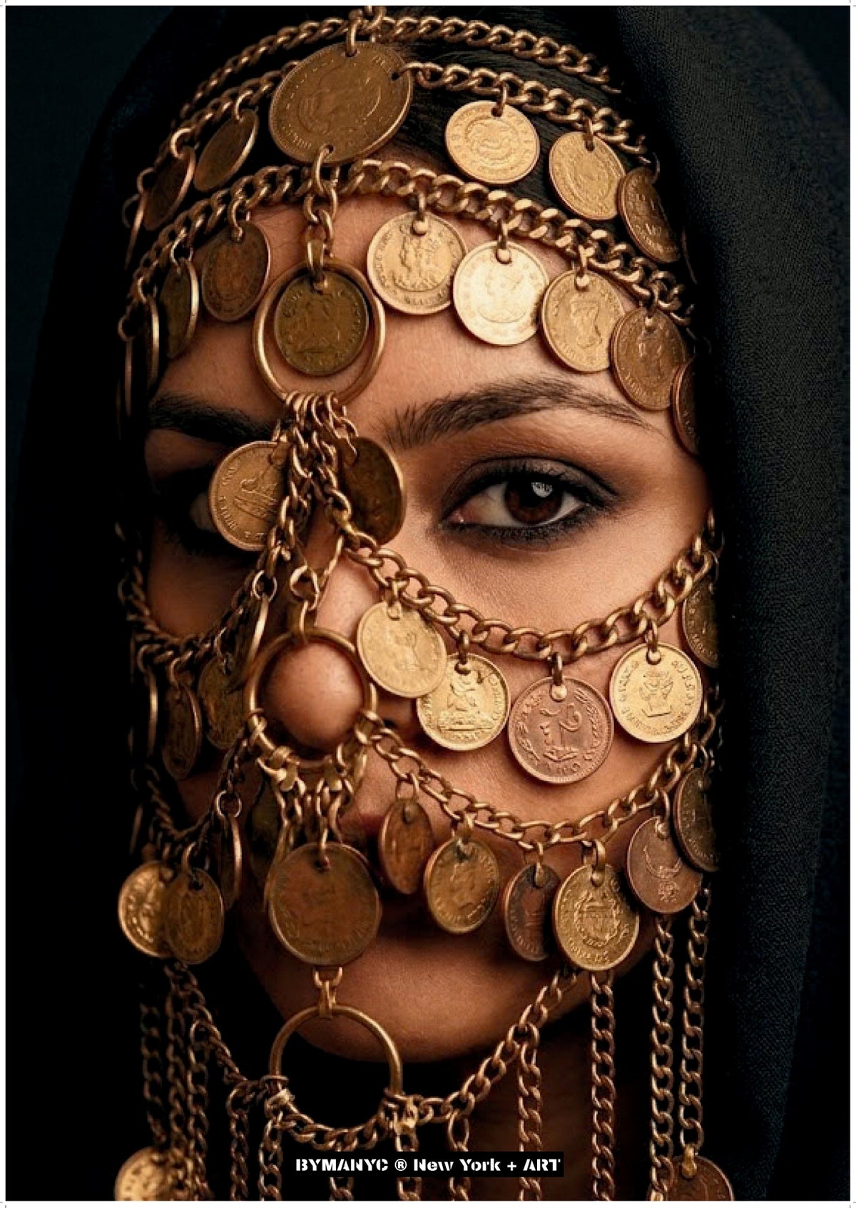 POSTER of ART GOLDEN CURRENCY - THE MIDAS VEIL - Limited Edition Numismatic Portrait with Antique Coin Drape and Velvet Shadows - BYMANYC ® New York + ART