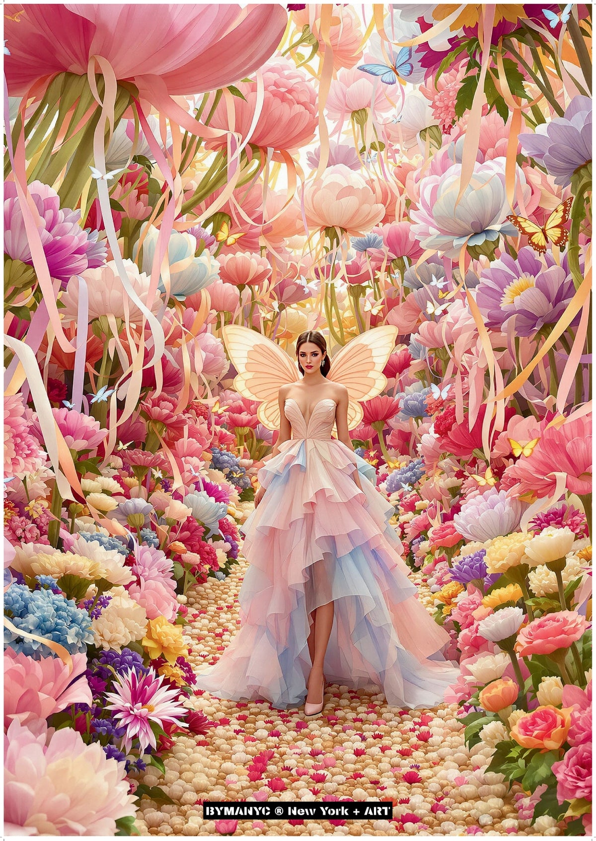 POSTER of ART AVANT-GARDE - THE FLORAL ETHEREAL - Limited Edition High-Fashion Fantasy Portrait with Butterfly Wings and Pastel Floral Garden - BYMANYC ® New York + ART