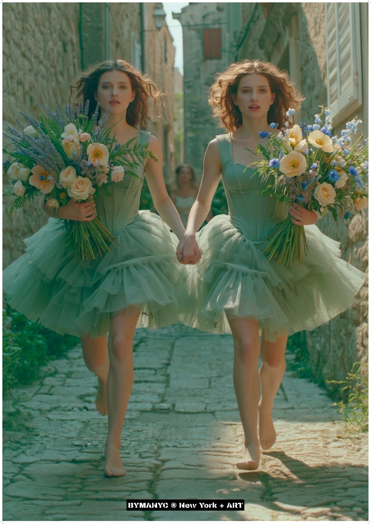 POSTER of ART AVANT-GARDE - THE TUSCAN DUET - Limited Edition High-Fashion Portrait of Twin Models in Sage Green Tulle Dresses Running Barefoot with Floral Bouquets on an Old Stone Pathway - BYMANYC ® New York + ART