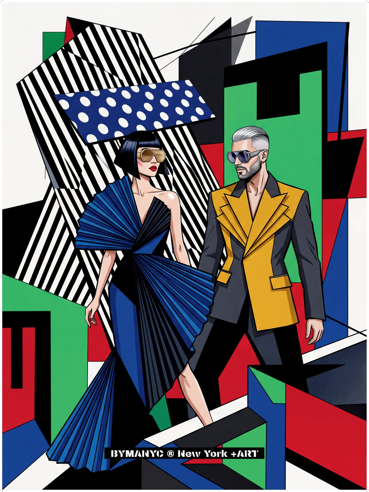 POSTER of POP ART - THE DUAL CONSTRUCT - Geometric Blue and Mustard Duo - BYMANYC ® New York + ART