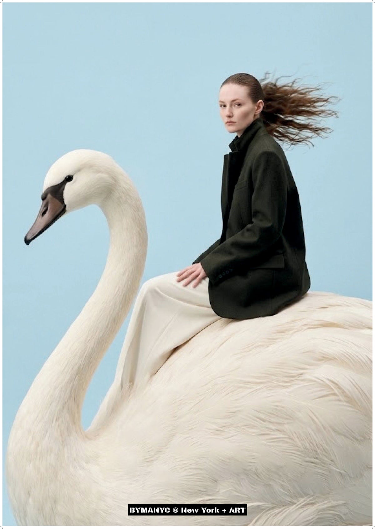 POSTER of ART AVANT-GARDE - THE GIANT SWAN - Woman Riding White Swan Sculpture Portrait - BYMANYC ® New York + ART