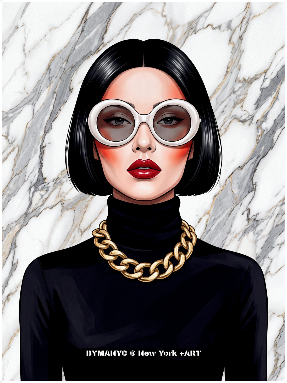 POSTER of POP ART - THE WHITE MARBLE - Black Turtleneck and Gold Chain Portrait - BYMANYC ® New York ART