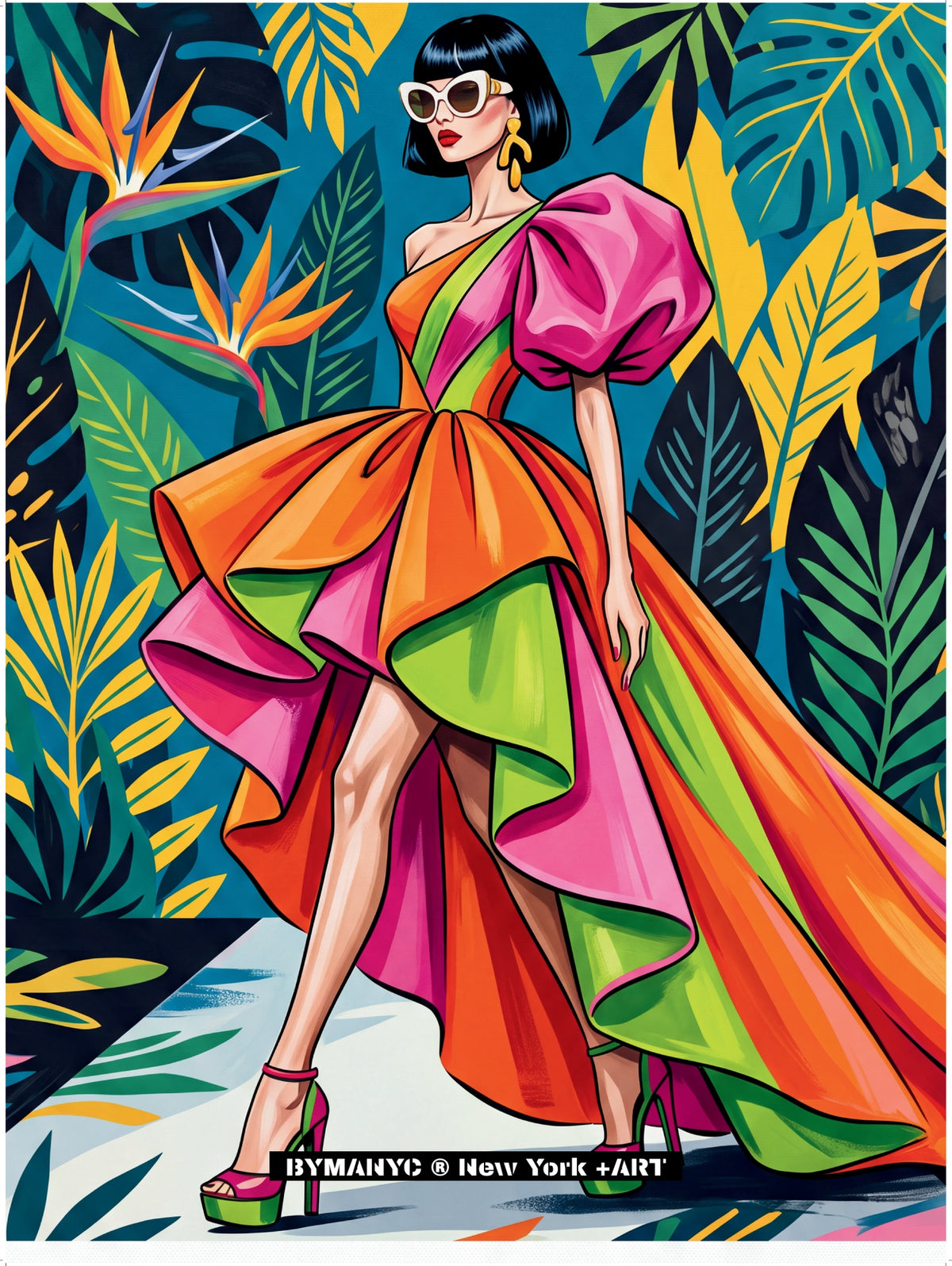 POSTER of POP ART - THE EXOTIC VIBRANCE - Multicolored Ruffled Gown in Tropical Jungle - BYMANYC ® New York ART