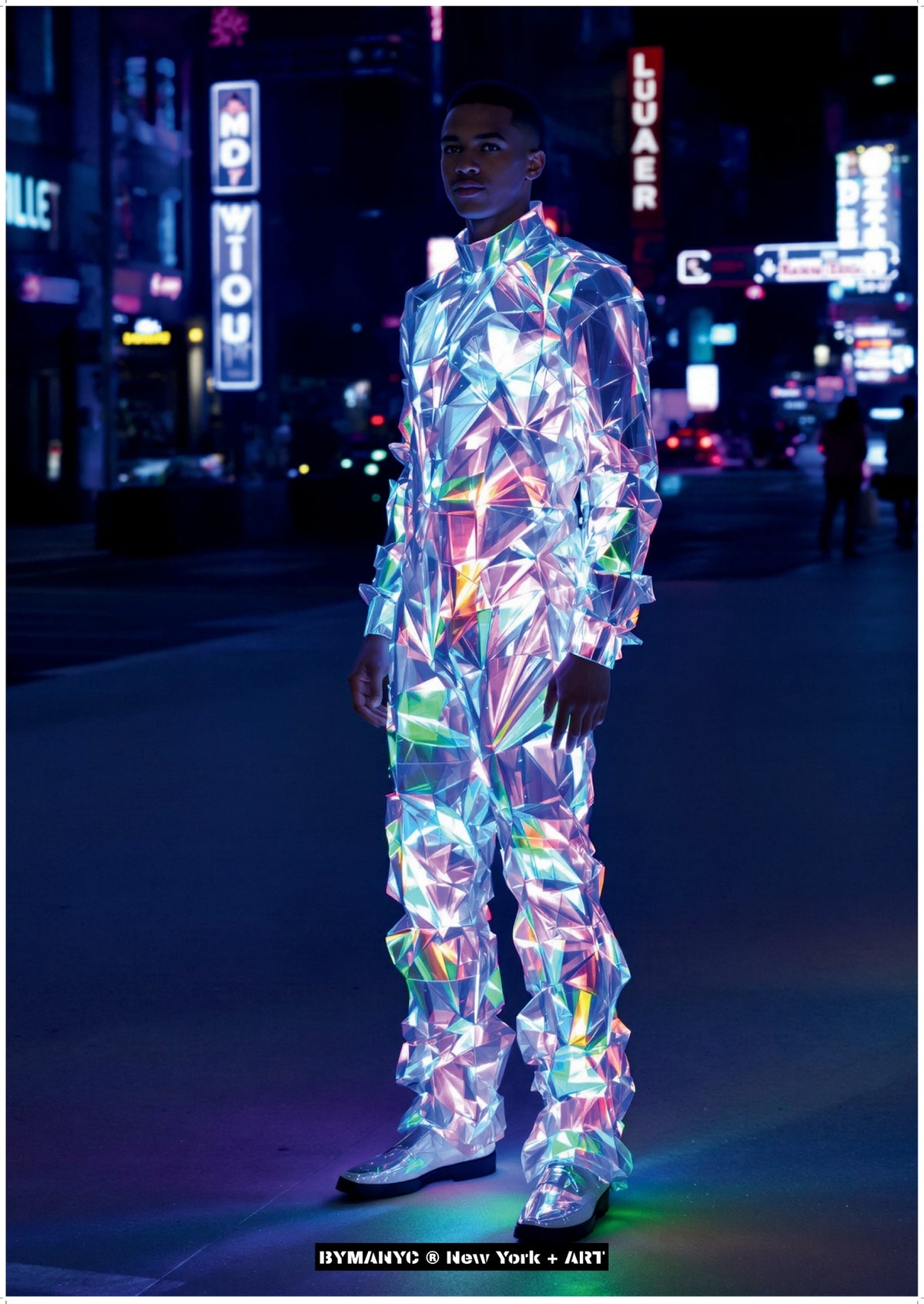POSTER of ART FUTURISM - THE PRISMATIC SPECTER - Limited Edition Holographic Night Walk Composition with Refractive Light Armor - BYMANYC ® New York + ART