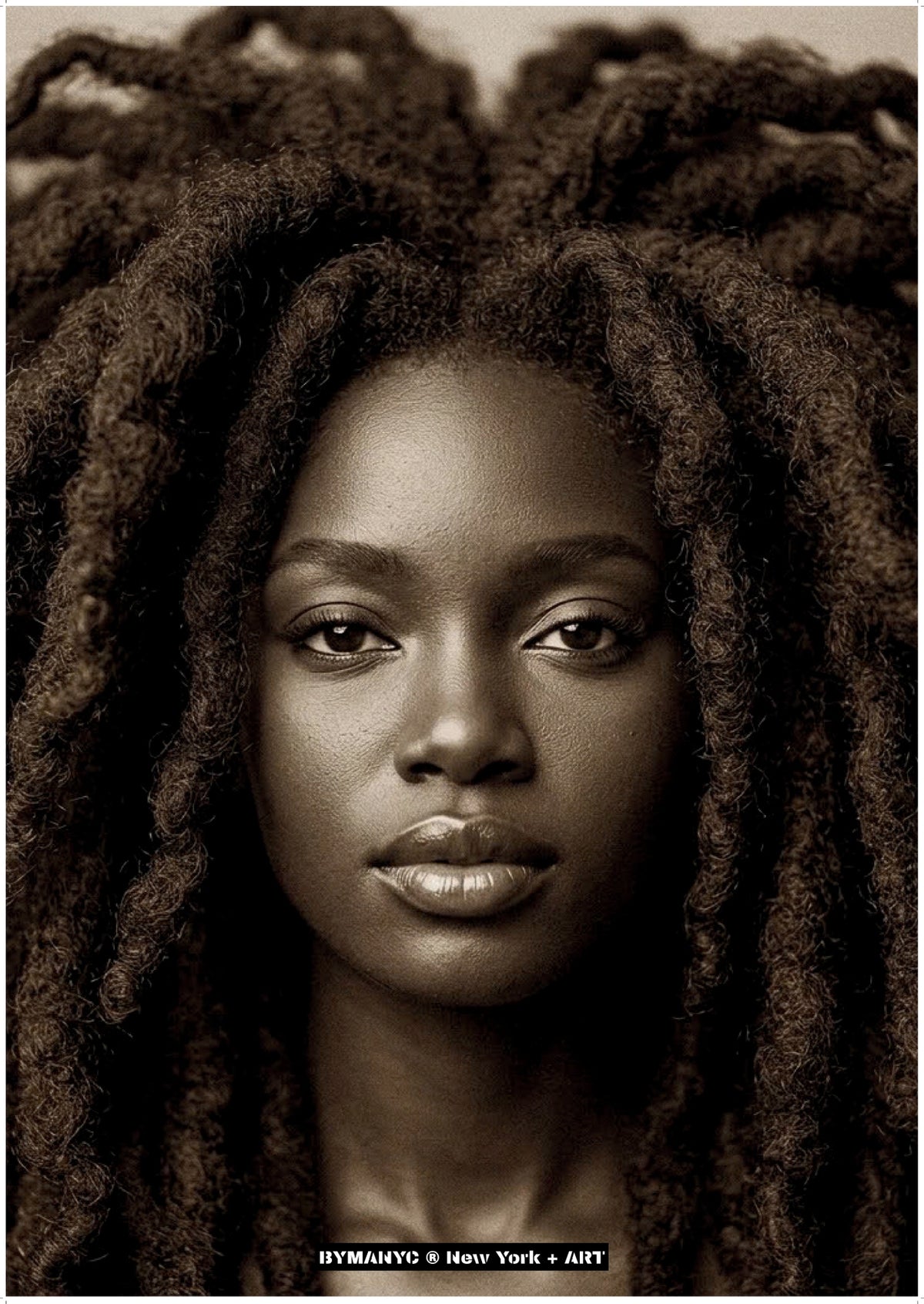 POSTER of ART AVANT-GARDE - THE SCULPTURAL CROWN - Natural Locs and Sepia Tone Portrait - BYMANYC ® New York + ART