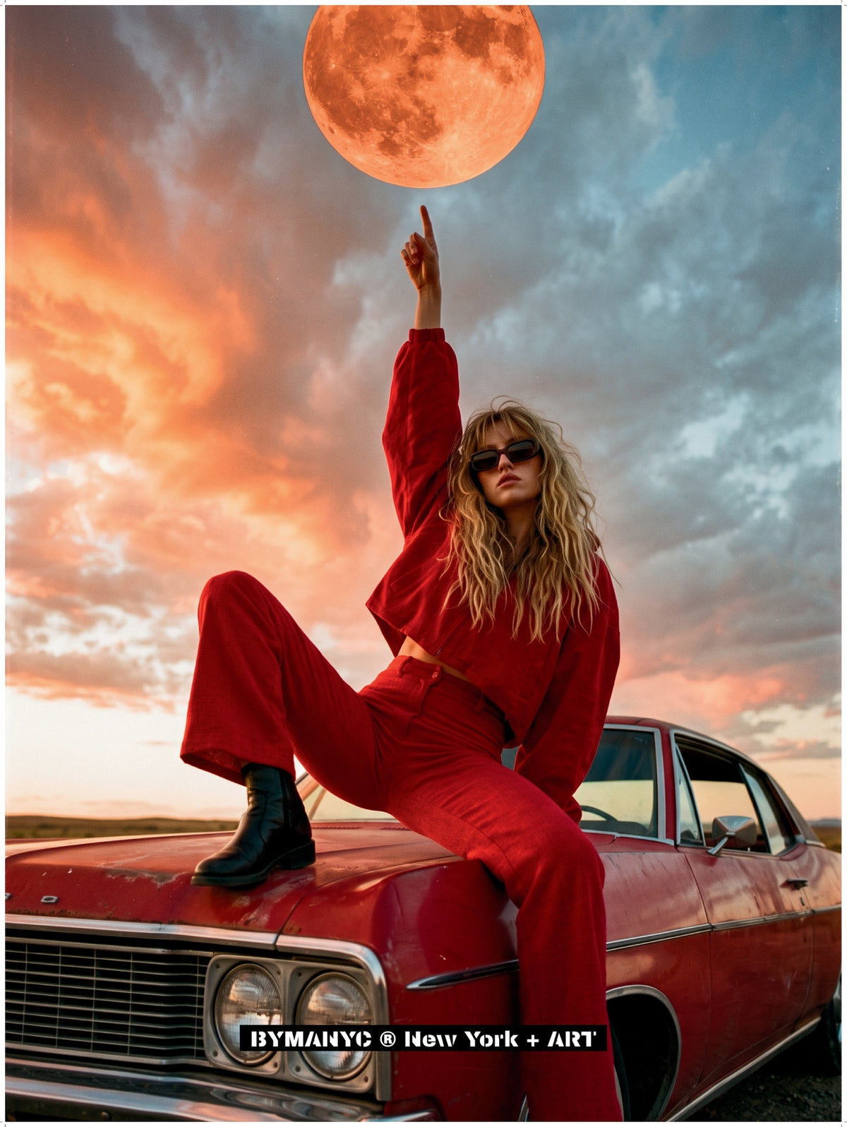 POSTER of ART AVANT-GARDE - RED MOON REACH - Vintage Car Sunset Portrait - BYMANYC ® New York + ART