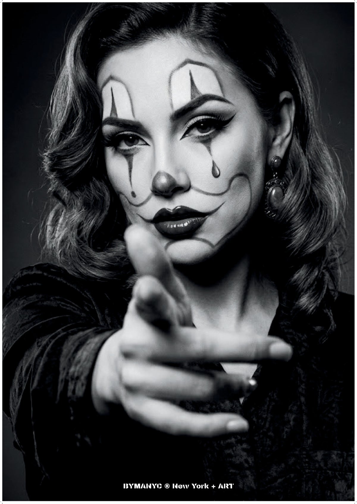 POSTER of ART AVANT-GARDE - THE VINTAGE POINT - Classic Clown Makeup and Pointing Finger Portrait - BYMANYC ® New York + ART