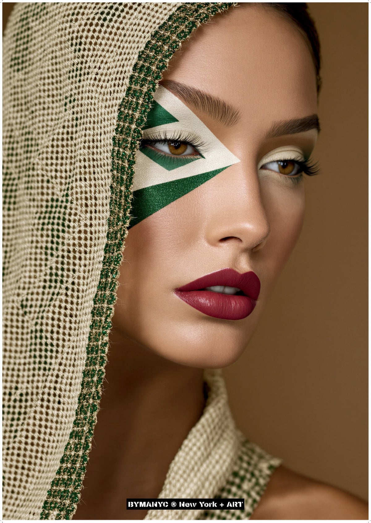 POSTER of ART AVANT-GARDE - THE EMERALD GEOMETRY - Limited Edition High-Fashion Portrait with Geometric Green Eye Makeup and Textured Mesh Hood - BYMANYC ® New York + ART
