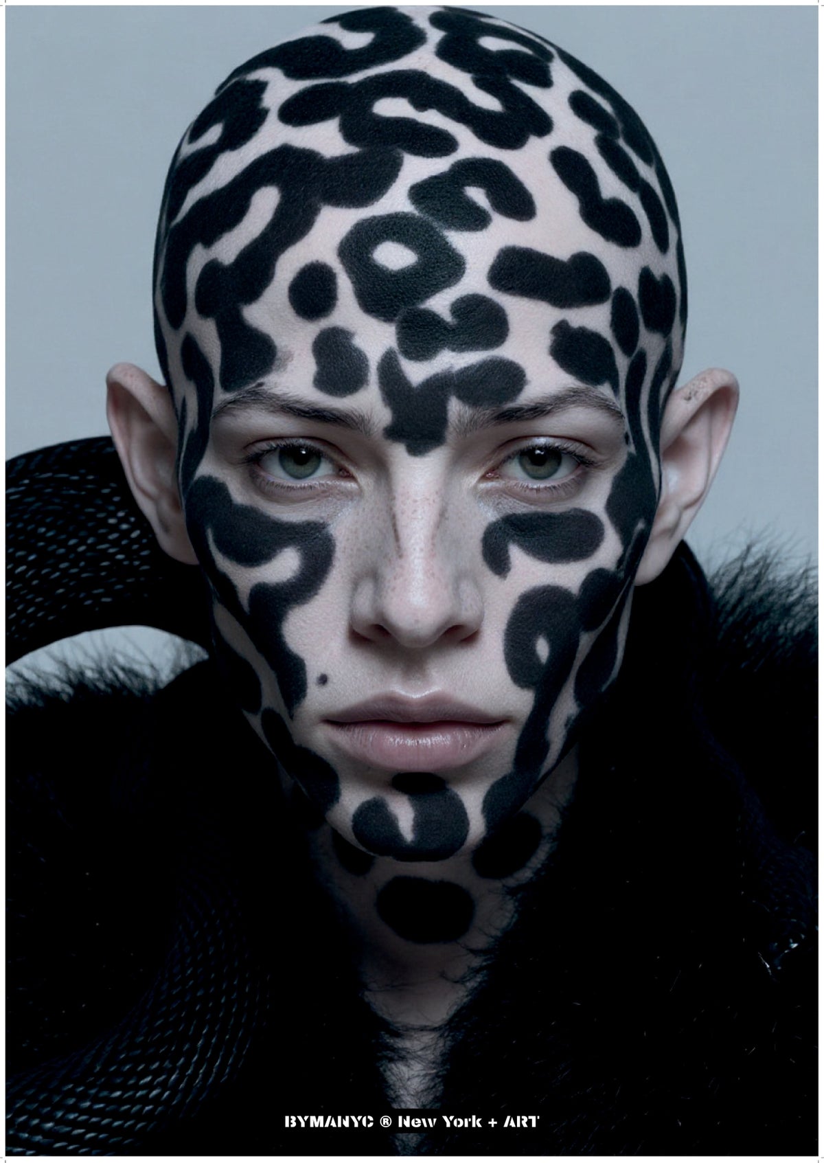 POSTER of ART AVANT-GARDE - THE INK LEOPARD - Limited Edition High-Fashion Bald Portrait with Abstract Black Spot Body Paint and Dark Fur Collar - BYMANYC ® New York + ART