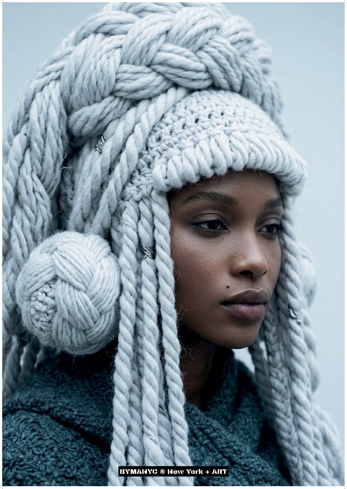 POSTER of ART AVANT-GARDE - THE FROZEN BRAID - Chunky Knit Headpiece and Teal Garment Portrait - BYMANYC ® New York + ART