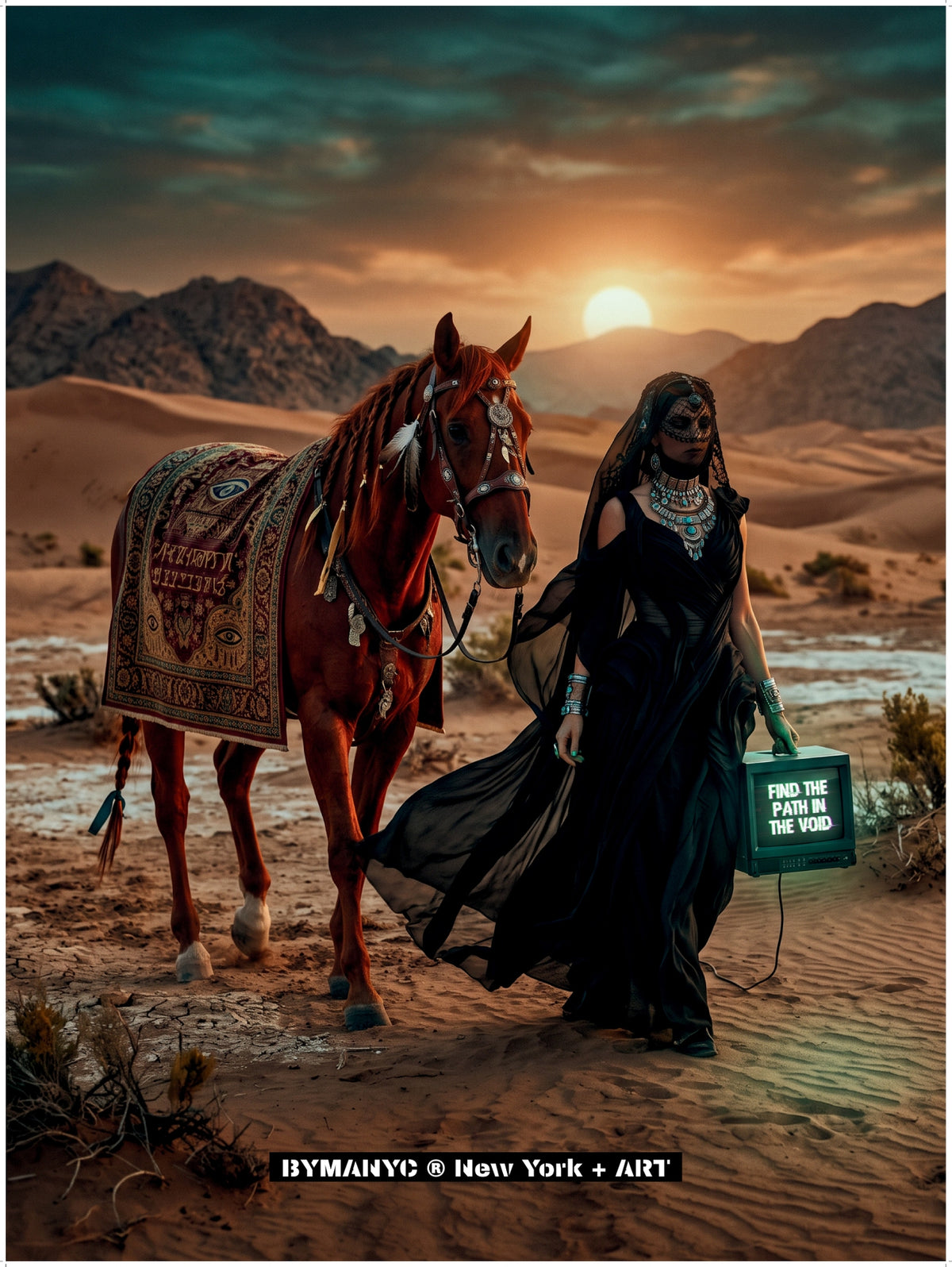 POSTER of ART AVANT-GARDE - DESERT HORSE WANDERER - Sunset Landscape Portrait - BYMANYC ® New York + ART
